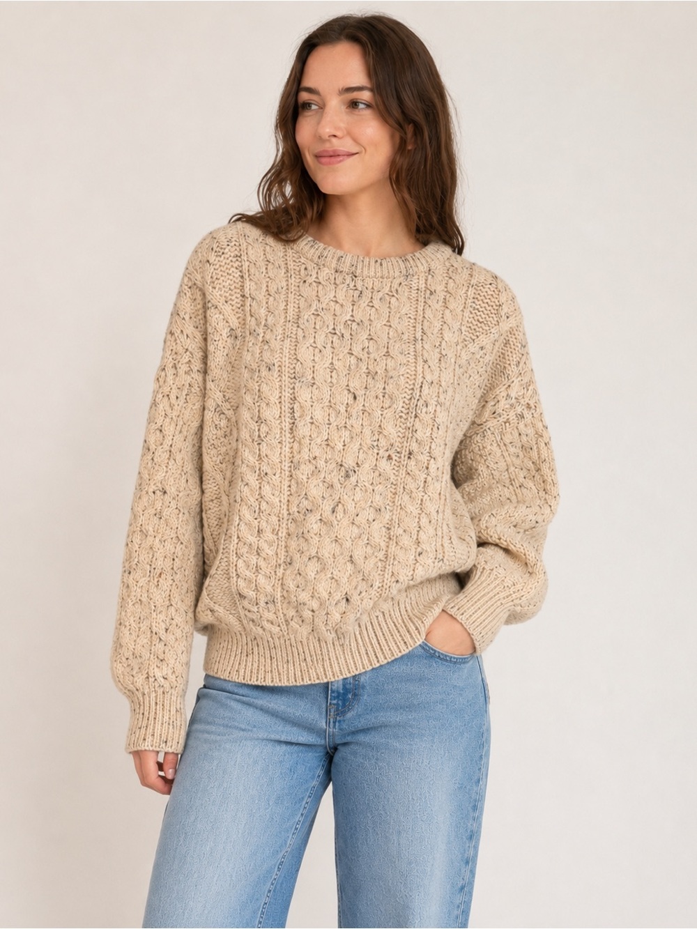 Tivoli Aron Pure New Wool Cable Knit Fisherman Sweater Oatmeal Size S